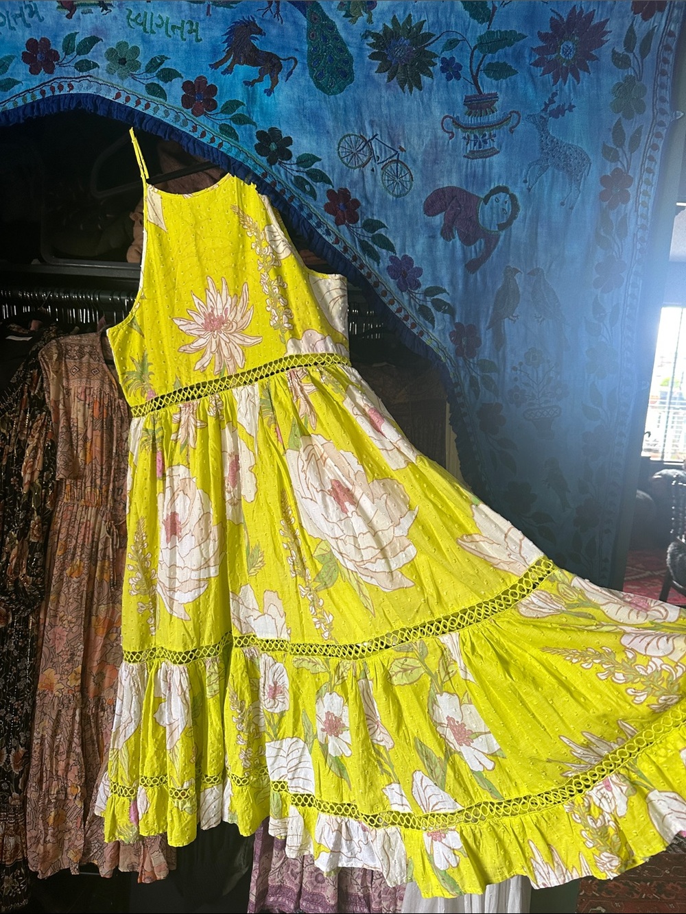 FARM Rio Neon Garden Floral Midi Summer Swiss Dot Halter Dress in neon yellow - Picture 9 of 16